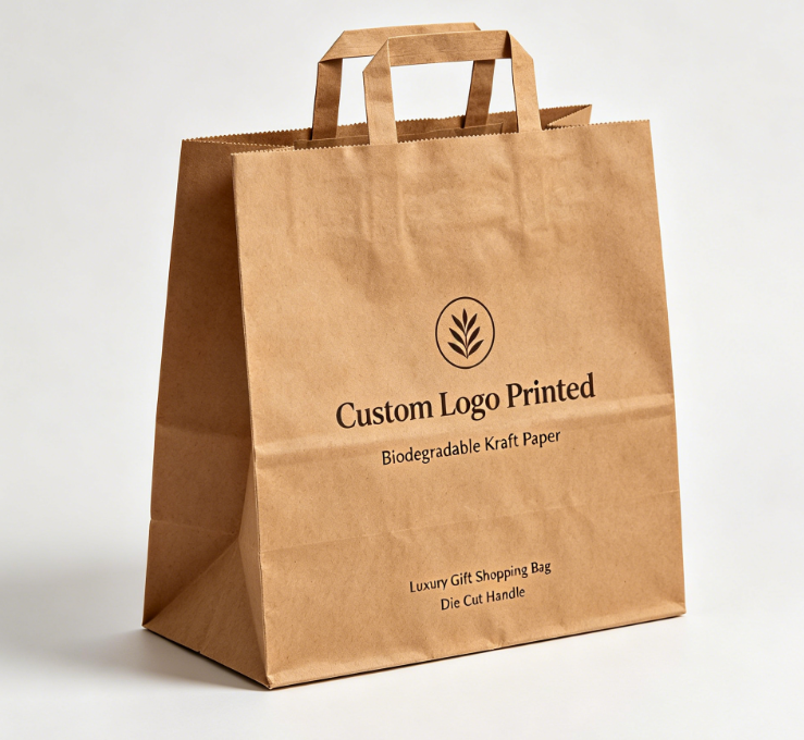 Logo Tersuai Beg Beli-belah Hadiah Kertas Kraft Boleh Terbiodegradasi Die Cut Handle