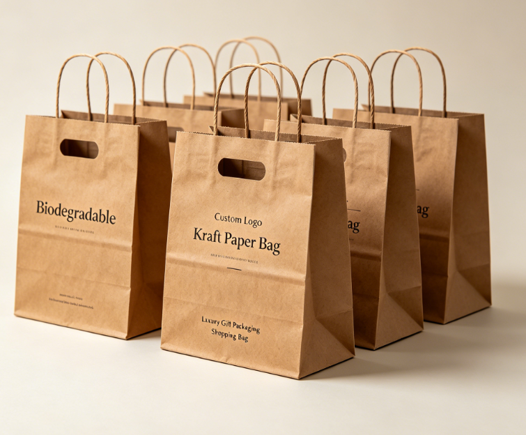 Logo Tersuai Beg Beli-belah Hadiah Kertas Kraft Boleh Terbiodegradasi Die Cut Handle