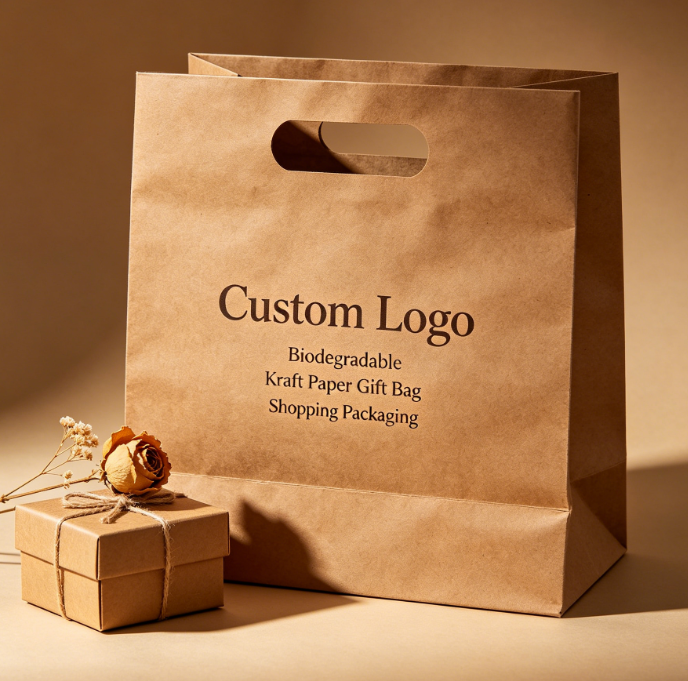 Logo Tersuai Beg Beli-belah Hadiah Kertas Kraft Boleh Terbiodegradasi Die Cut Handle