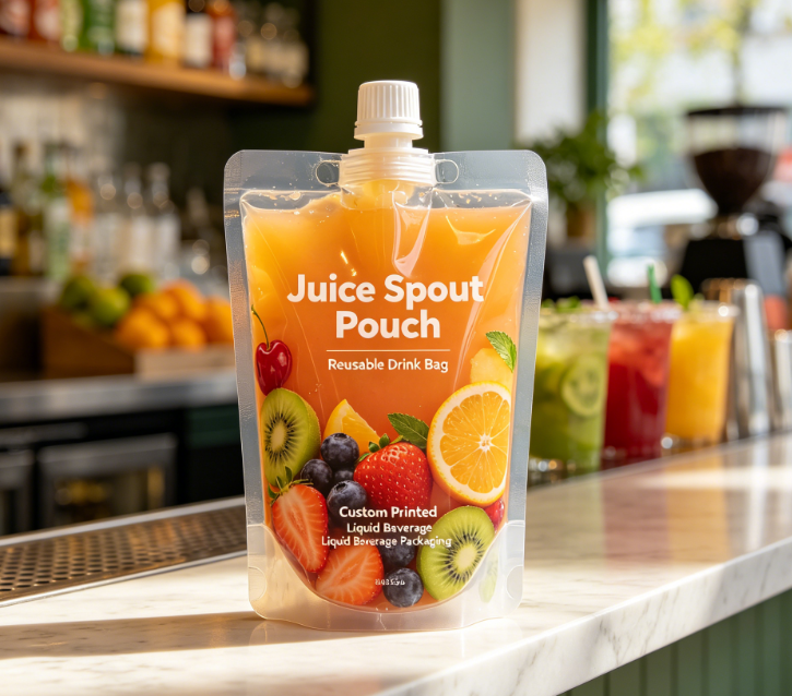 Beg Muncung Jus Bercetak Tersuai Minuman Cecair Boleh Digunakan Semula Beg Muncung Tegak