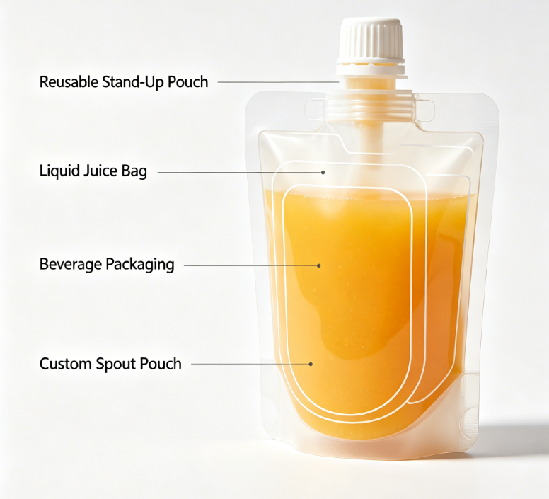 Beg Muncung Jus Bercetak Tersuai Minuman Cecair Boleh Digunakan Semula Beg Muncung Tegak