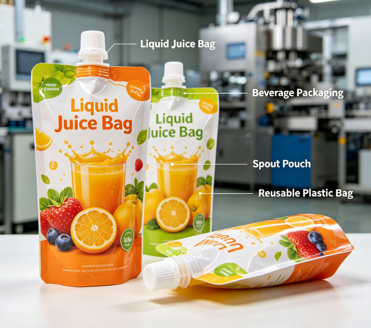 Beg Muncung Jus Bercetak Tersuai Minuman Cecair Boleh Digunakan Semula Beg Muncung Tegak