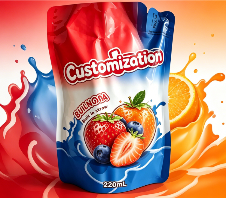 Kantung Jerami Terbina Dalam Bercetak Tersuai 220ml Untuk Minuman Puree Buah Jus