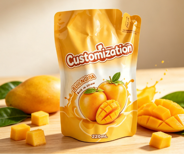 Pelbagai Perisa 220ml Kantung Pemerah Jerami Terbina dalam Beg Pembungkusan Puree Buah & Jus Tersuai
